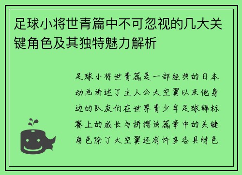 足球小将世青篇中不可忽视的几大关键角色及其独特魅力解析